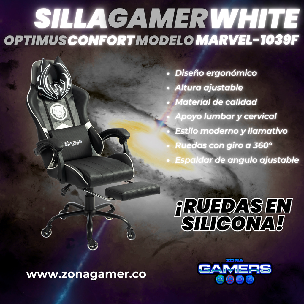Silla Gamer Marvel-1039F Black con reposapiés y ruedas en silicona.