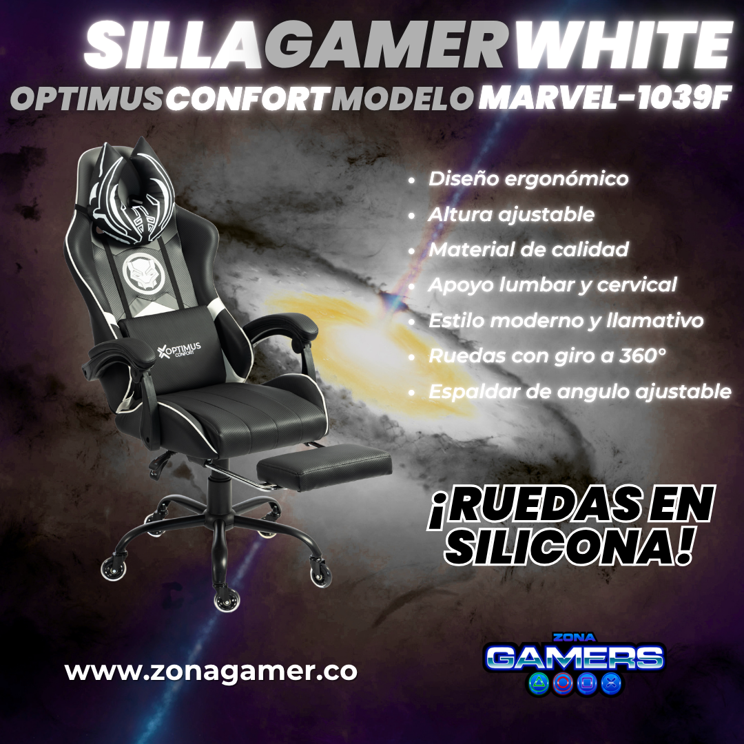 Silla Gamer Marvel-1039F Black con reposapiés y ruedas en silicona.