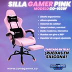 Silla Gamer CO-1039F Rosa, con tapizado en tela, reposapiés y ruedas en silicona
