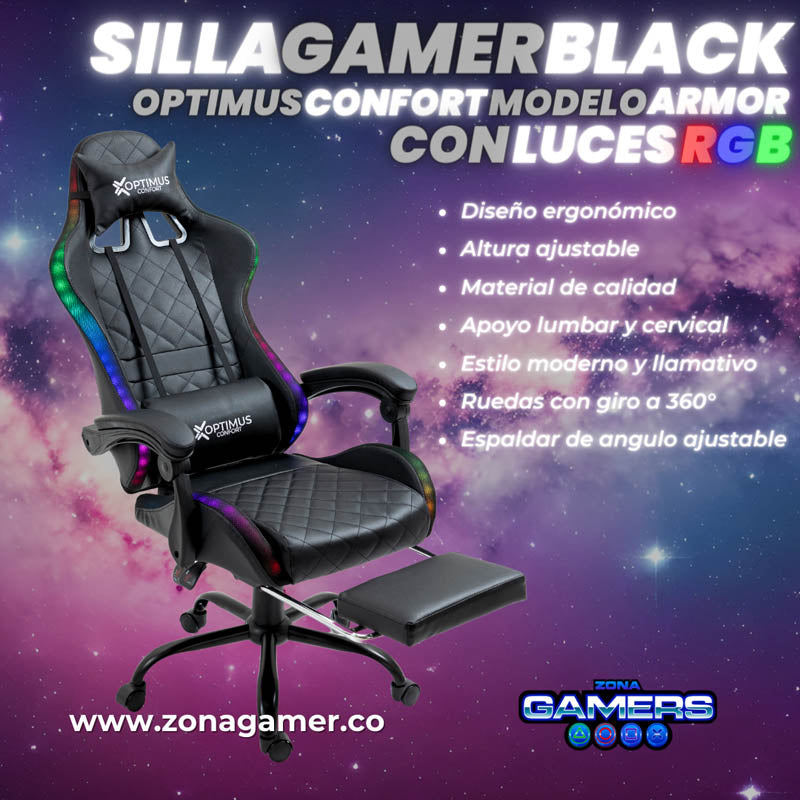 Silla gamer Optimus Confort modelo Armor Black con luces RGB