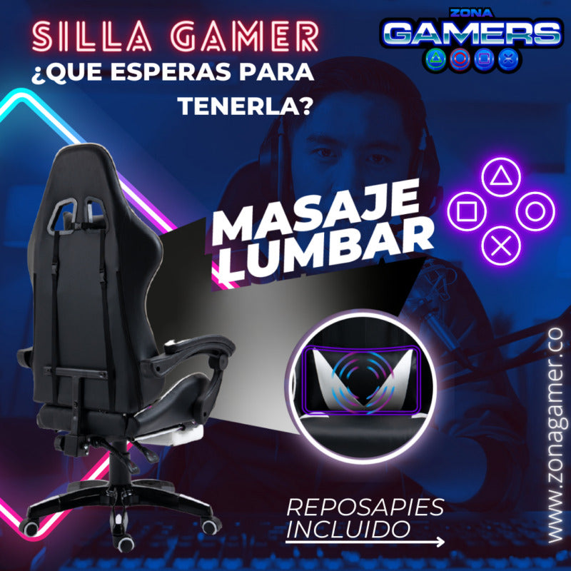 Silla Gamer AQ-1039F White con Masajeador Lumbar y Reposapies incluido