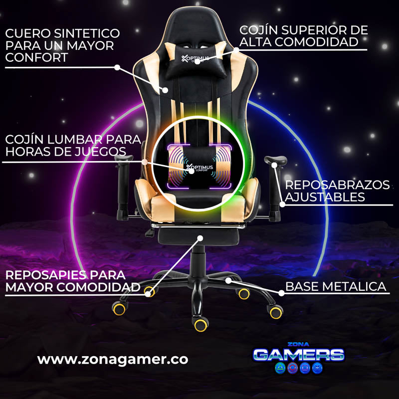 Silla Gamer A231001F Black Gold con masajeador lumbar y reposapies incluido