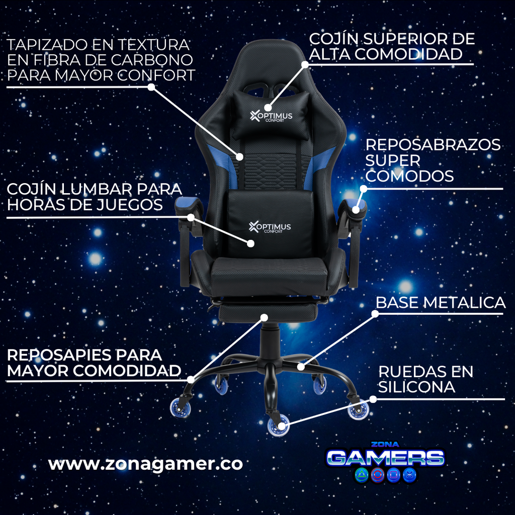 Silla Gamer Titan-1039F Blue con reposapiés y ruedas en silicona