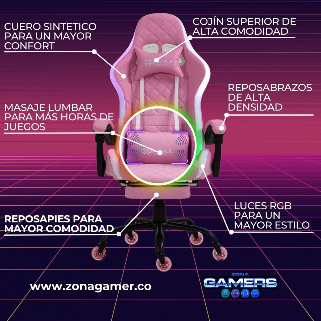 Silla Gamer Armor RGB Pink + masajeador lumbar con reposapiés incluido y ruedas en silicona