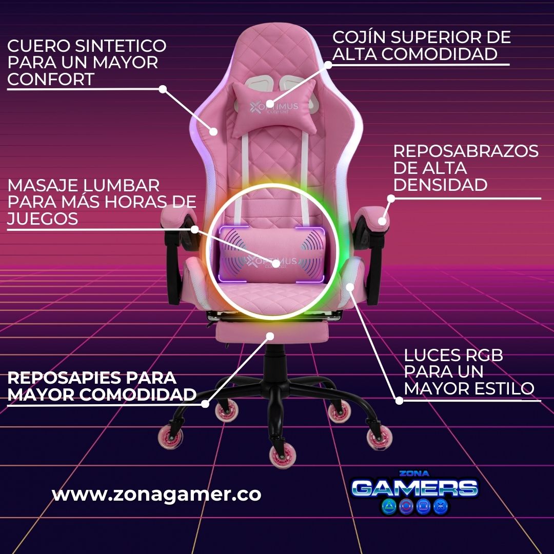 Silla Gamer Armor RGB Pink + masajeador lumbar con reposapiés incluido y ruedas en silicona