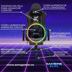 Silla Gamer Gray + masajeador lumbar, tapizada en tela con reposapiés y ruedas en silicona