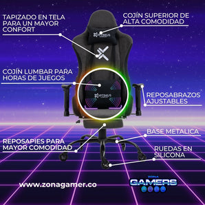 Silla Gamer Gray + masajeador lumbar, tapizada en tela con reposapiés y ruedas en silicona