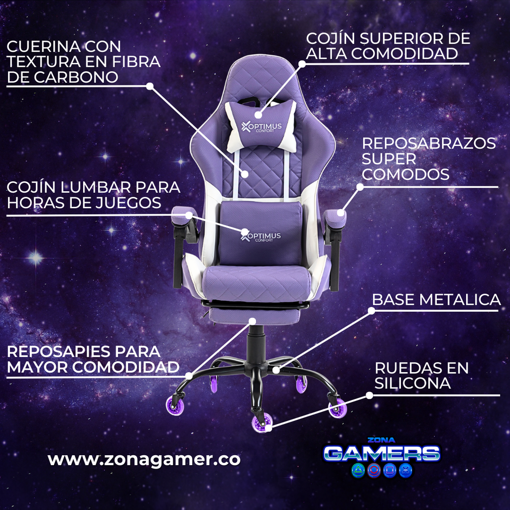 Silla Gamer ARMOR-1039F Lilac con reposapiés y ruedas en silicona
