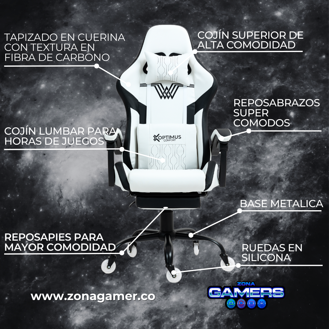 Silla Gamer DOWLINE-1039F White con reposapiés y ruedas en silicona