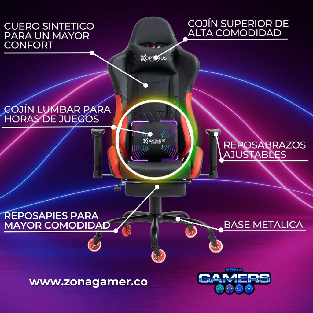 Silla Gamer CIR-1001F Red + masajeador lumbar con reposapiés y ruedas en silicona