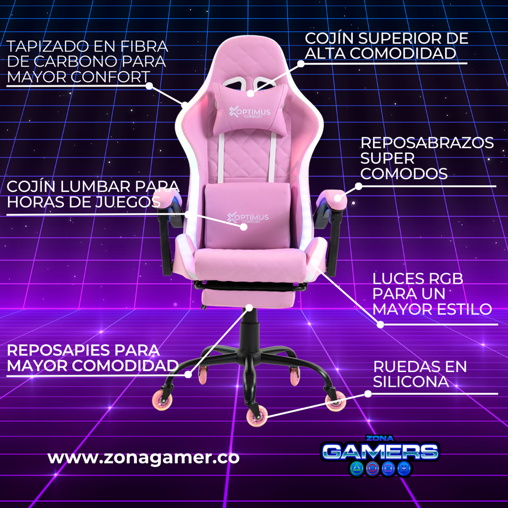 Silla gamer ARMOR-1039F Pink con luces RGB + reposapiés y ruedas en silicona