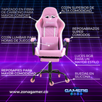 Silla gamer ARMOR-1039F Pink con luces RGB + reposapiés y ruedas en silicona