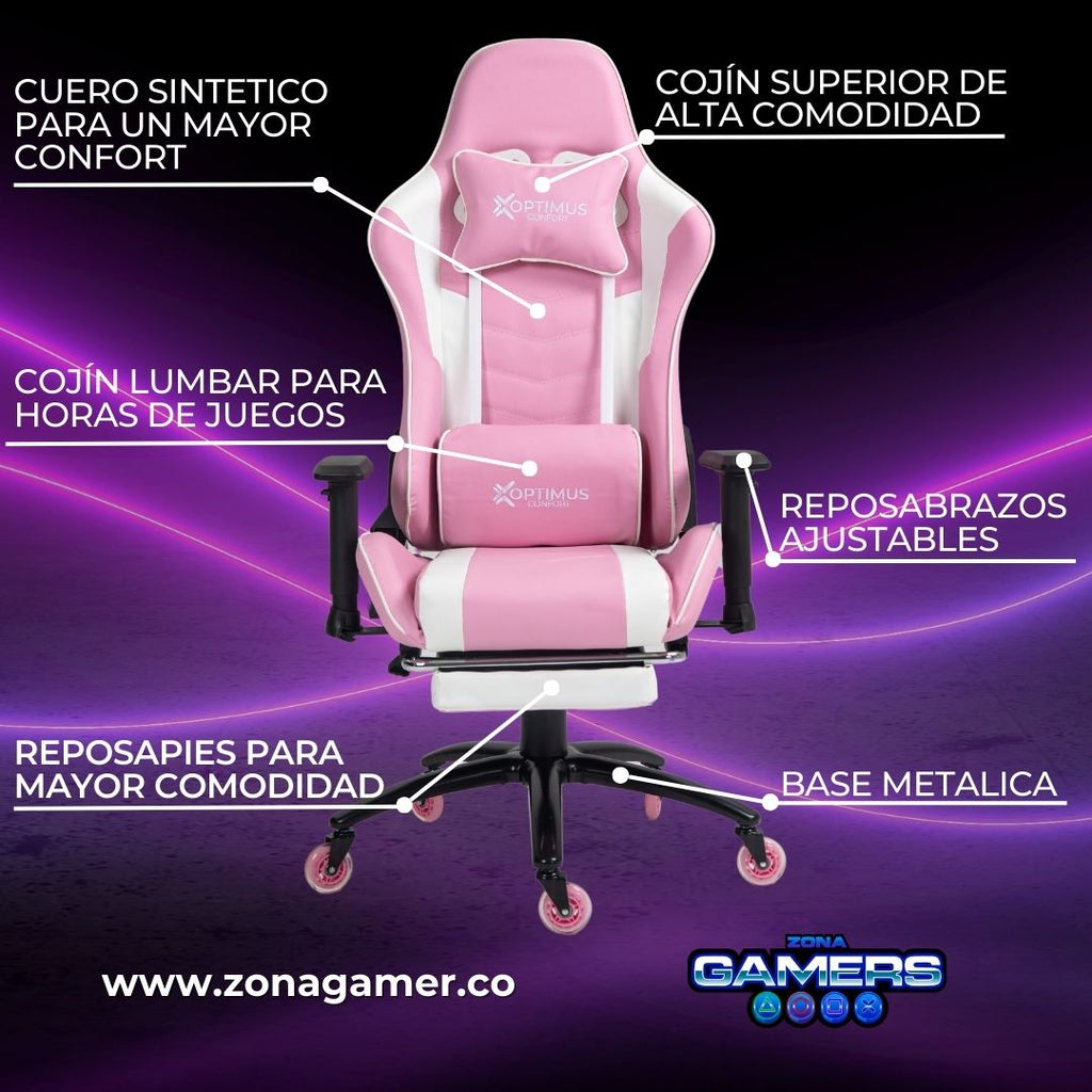 Silla gamer E-1127F Pink + reposapiés y ruedas en silicona