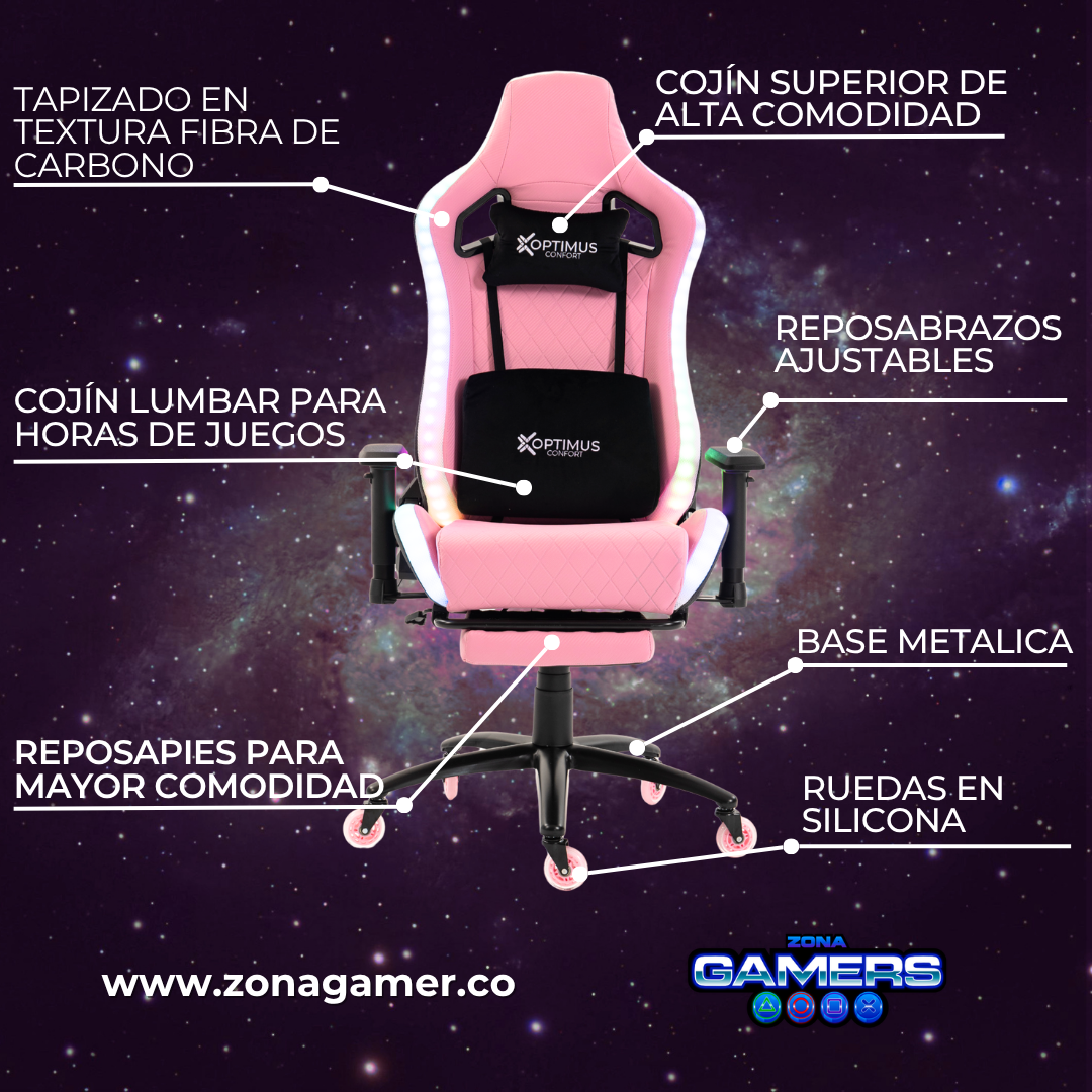 Silla gamer ULTIMATE Pink con luces RGB + reposapiés y ruedas en silicona