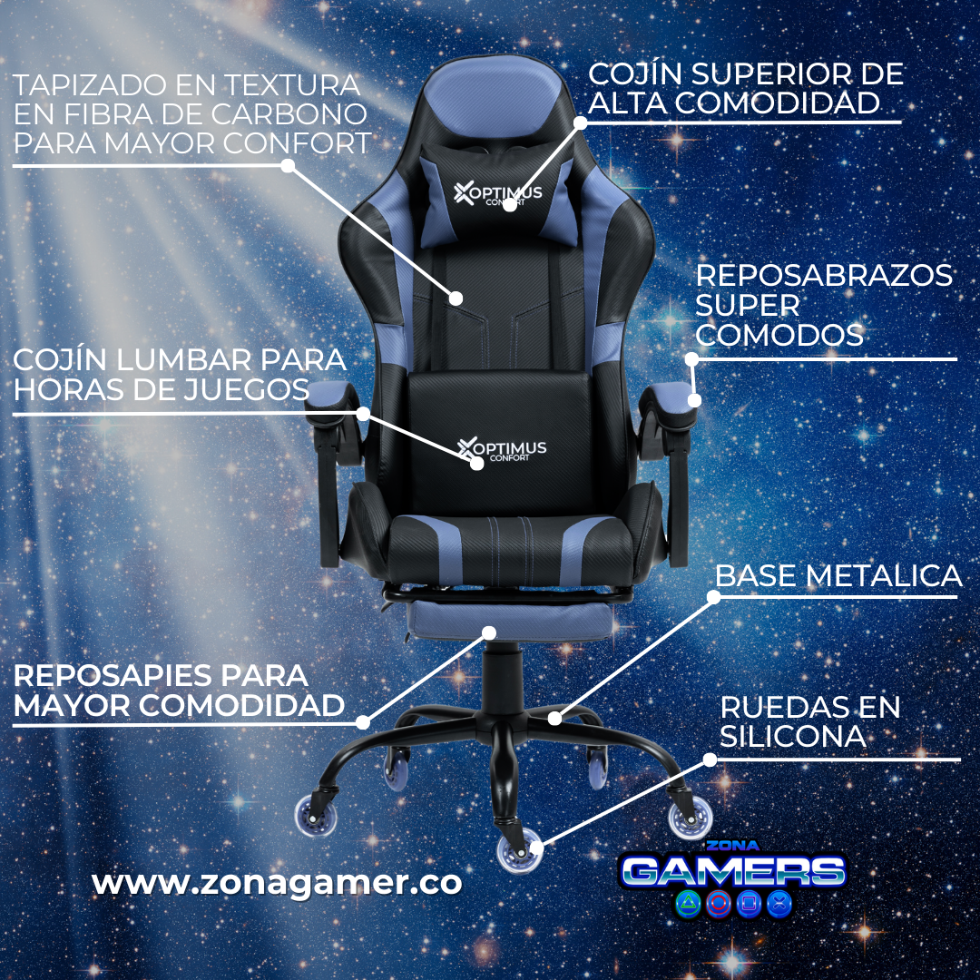 Silla Gamer Shine-1039F Blue con reposapiés y ruedas en silicona