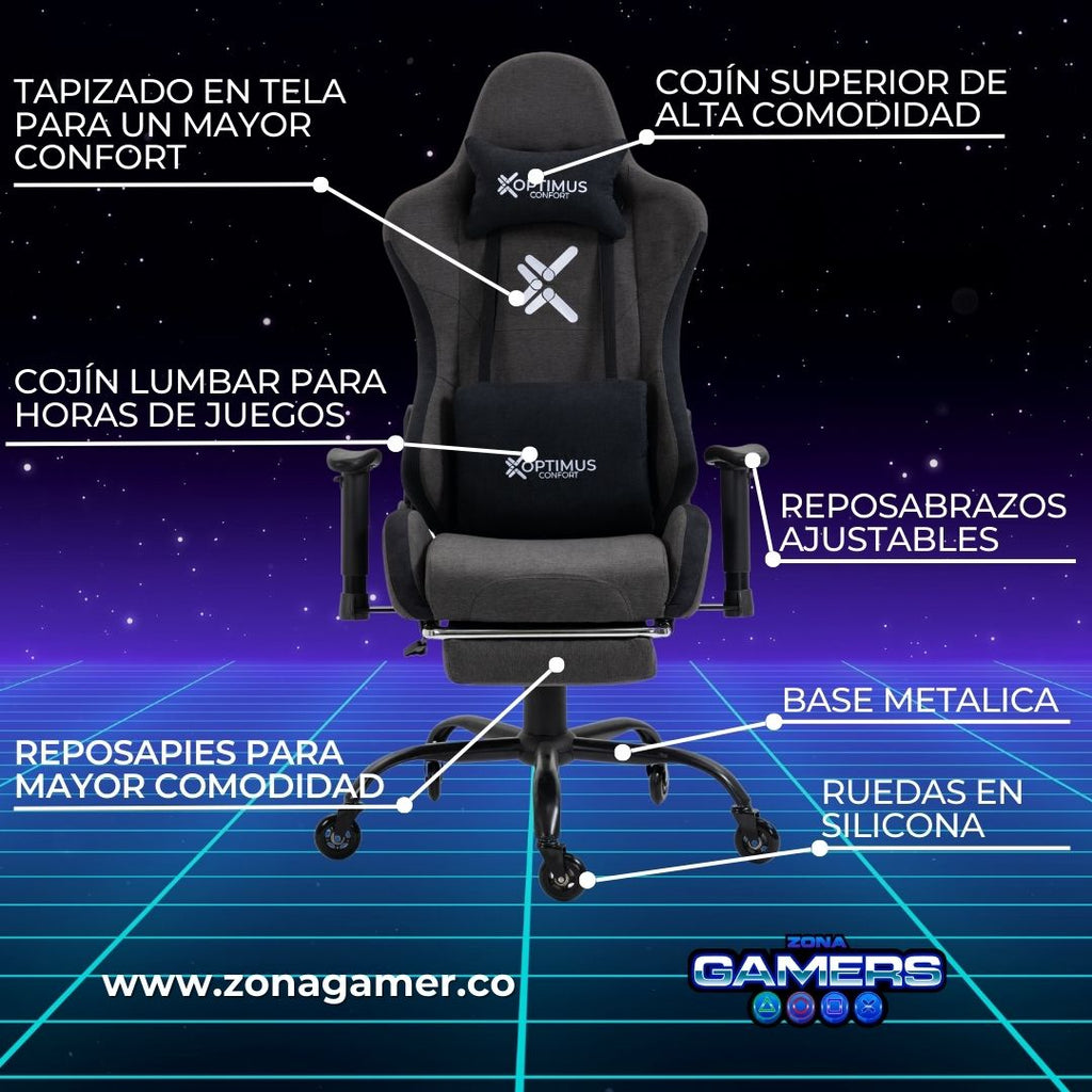 Silla Gamer CO-1102F Gray, tapizada en tela con reposapiés y ruedas en silicona