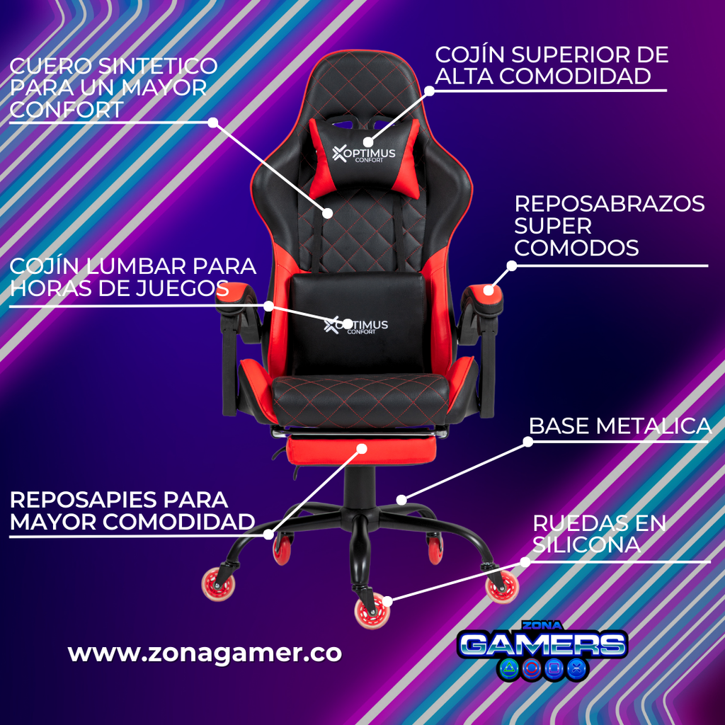 Silla Gamer ARMOR-1127F Red con reposapiés y ruedas en silicona