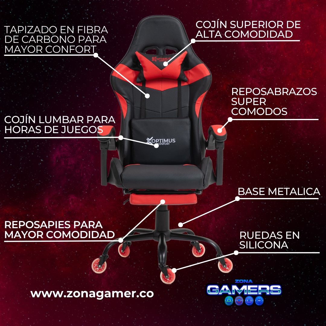 Silla Gamer AQ-1039F Red con reposapiés y ruedas en silicona