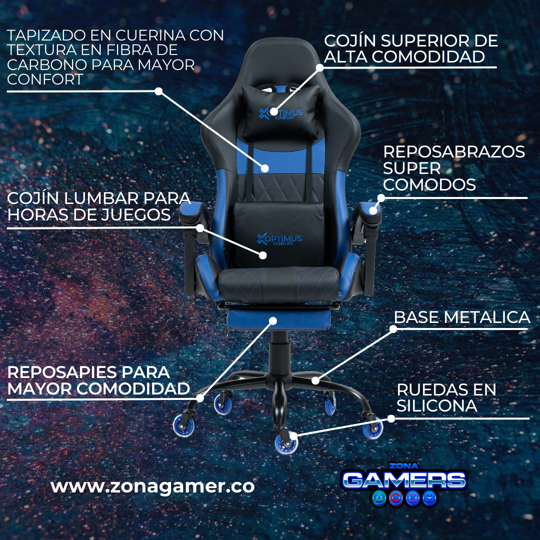 Silla Gamer CIR-1039F Blue con reposapiés y ruedas en silicona