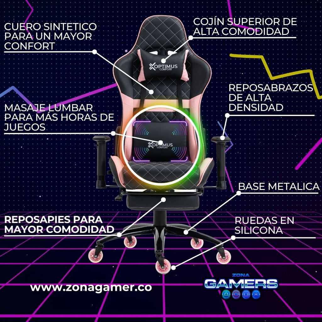 Silla Gamer ONE -1127F + masajeador lumbar con reposapiés incluido y ruedas en silicona