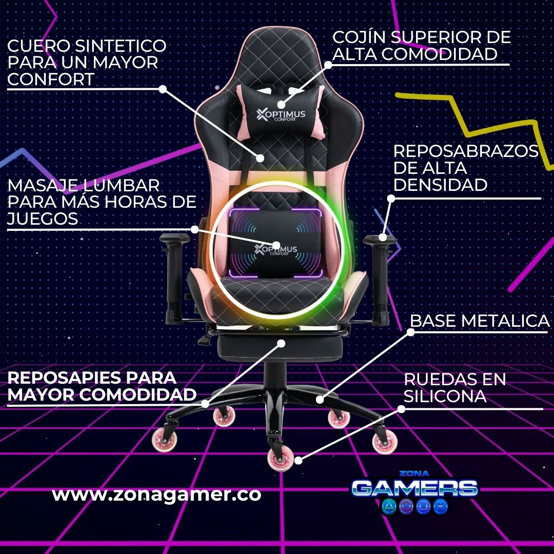 Silla Gamer ONE -1127F + masajeador lumbar con reposapiés incluido y ruedas en silicona