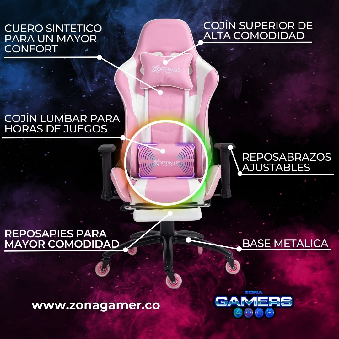 Silla Gamer E-1127F Pink + masajeador lumbar con reposapiés incluido y ruedas en silicona