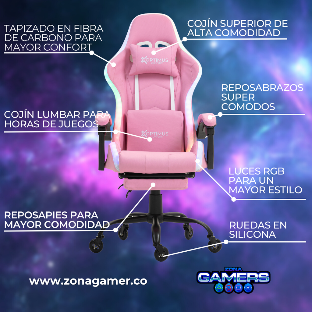 Silla gamer GT-1039F Pink con luces RGB + reposapiés y ruedas en silicona