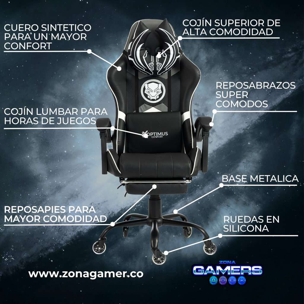 Silla Gamer Marvel-1039F Black con reposapiés y ruedas en silicona.