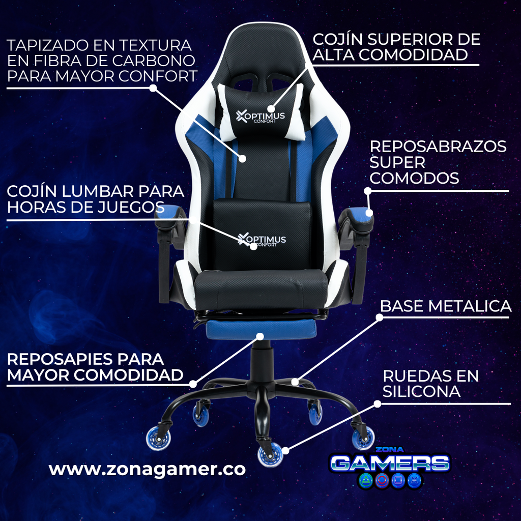 Silla Gamer Thunder-1039F Blue con reposapiés y ruedas en silicona