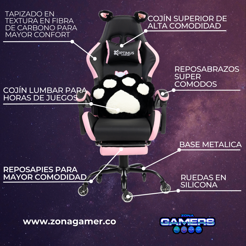 Silla Gamer Cat-1039F Black-Pink con reposapiés y ruedas en silicona