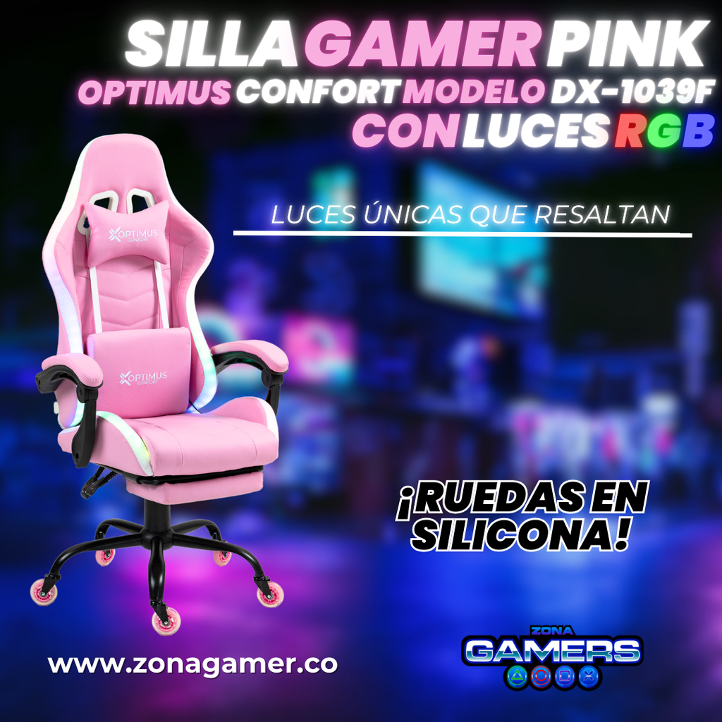 Silla gamer DX-1039F Pink con luces RGB + reposapiés y ruedas en silicona