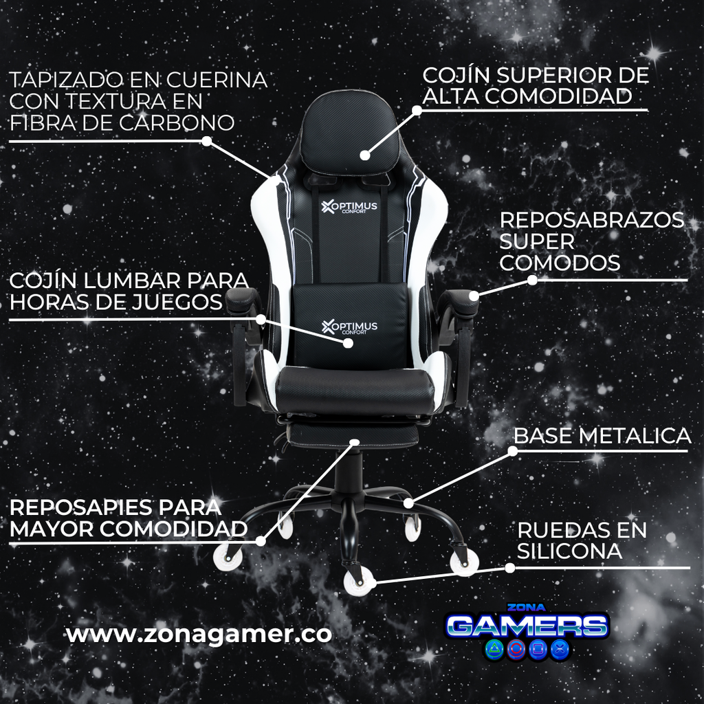 Silla Gamer Fly-1039F White con reposapiés y ruedas en silicona
