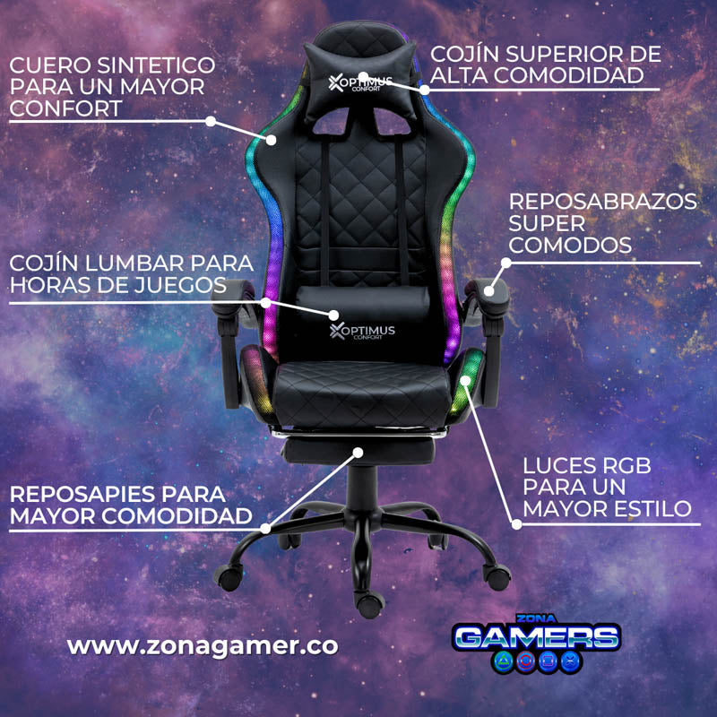 Silla gamer Optimus Confort modelo Armor Black con luces RGB