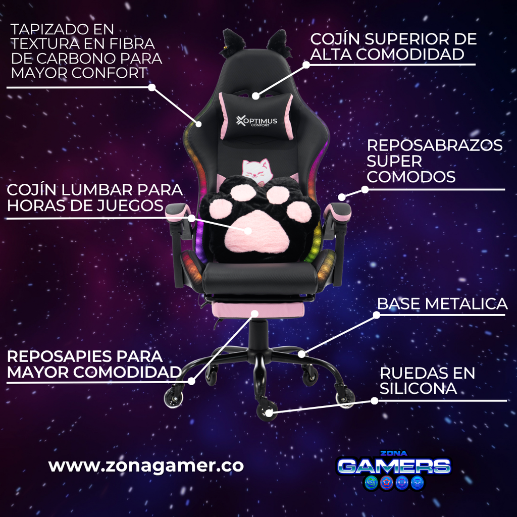 Silla Gamer Cat-1039F + RGB Black-Pink con reposapiés y ruedas en silicona.