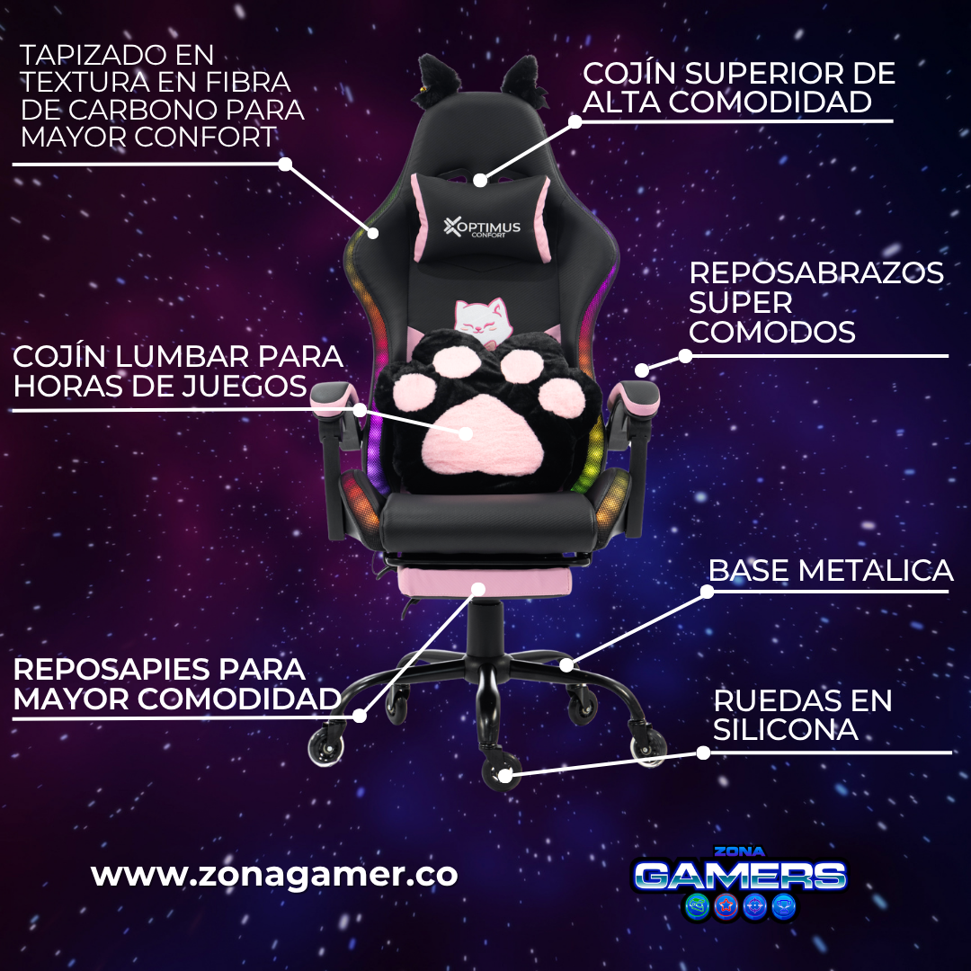 Silla Gamer Cat-1039F + RGB Black-Pink con reposapiés y ruedas en silicona.