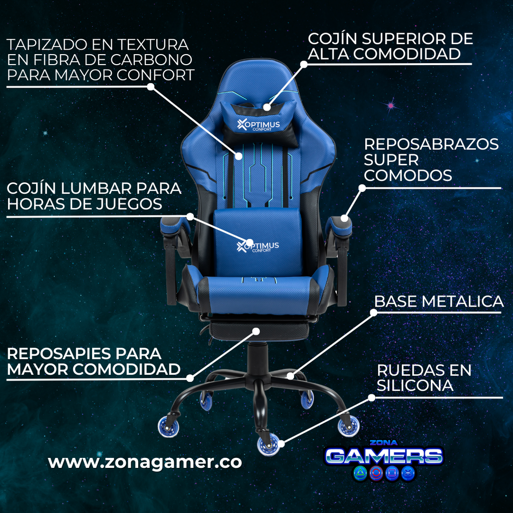 Silla Gamer DOW-1039F Blue con reposapiés y ruedas en silicona