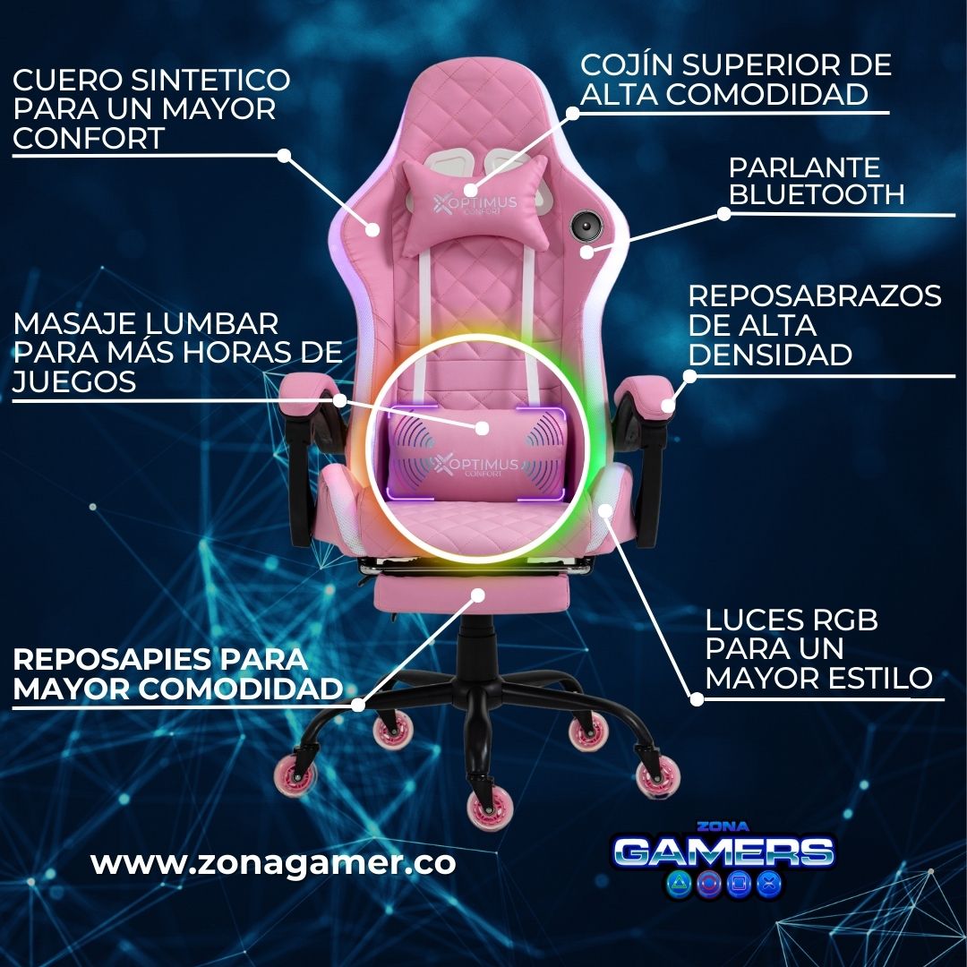 Silla Gamer Optimus Confort Armor RGB Pink con masajeador lumbar y parlante bluetooth