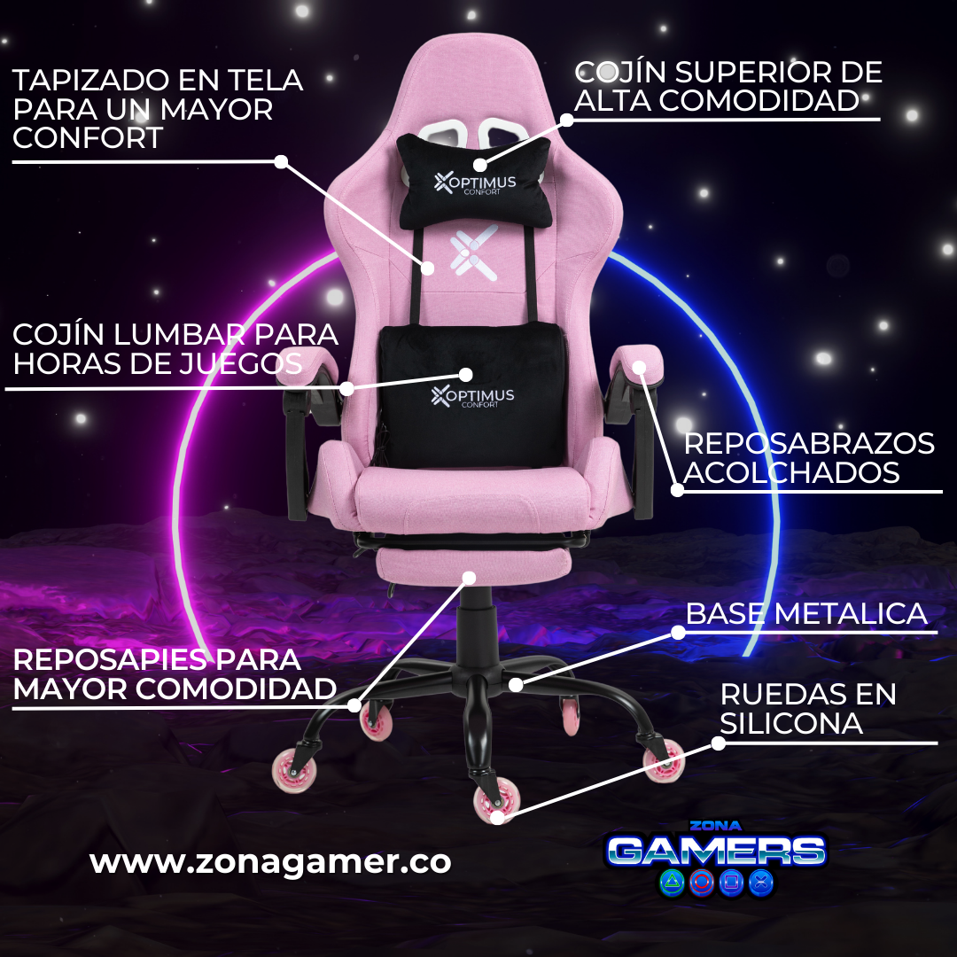 Silla Gamer CO-1039F Rosa, con tapizado en tela, reposapiés y ruedas en silicona