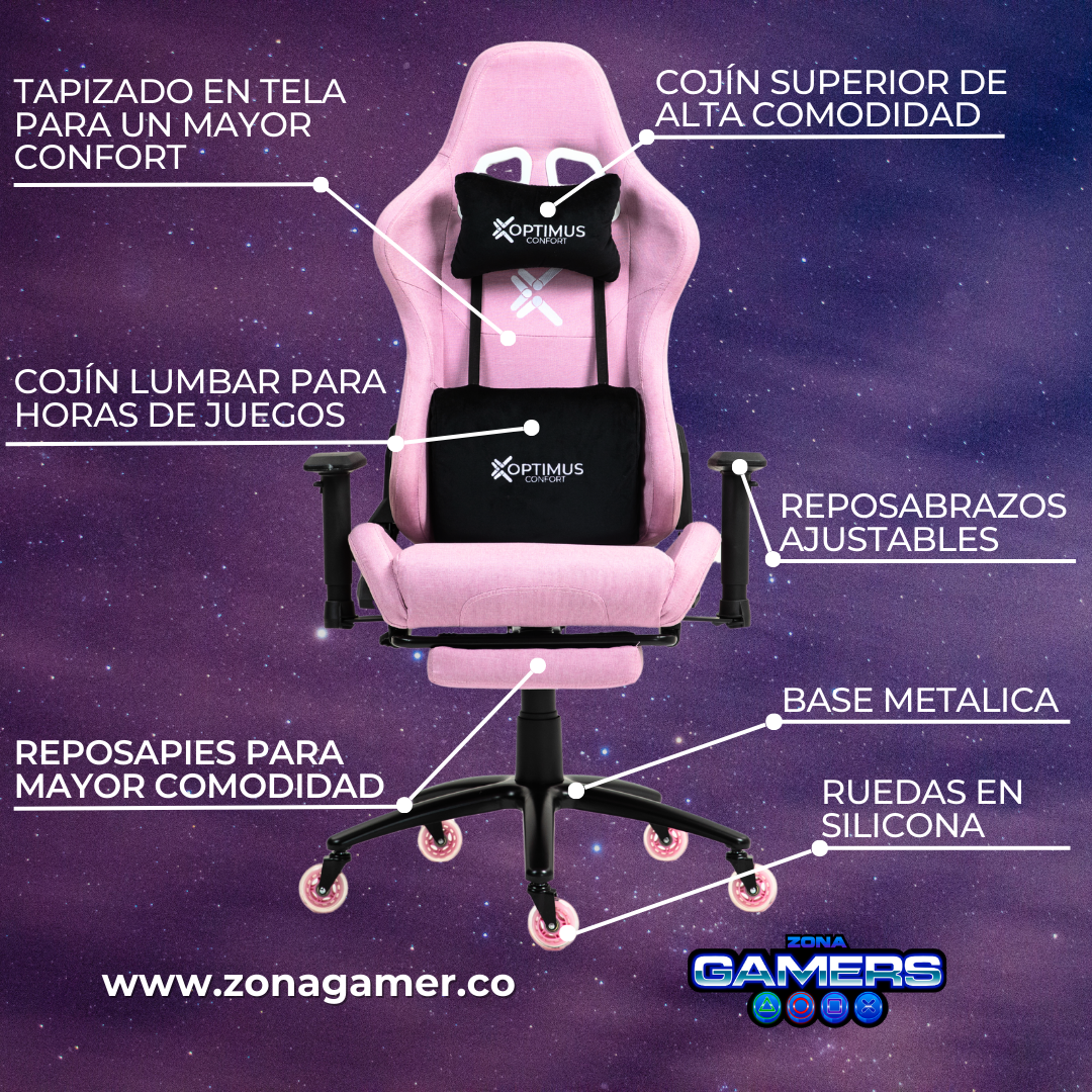 Silla Gamer CO-1102F Pink, tapizada en tela con reposapiés y ruedas en silicona