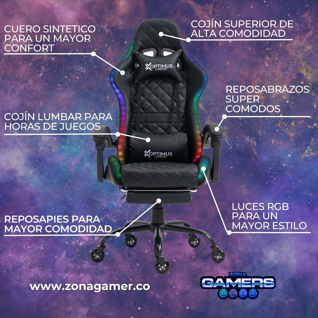 Silla gamer Armor Black con luces RGB + reposapiés y ruedas en silicona