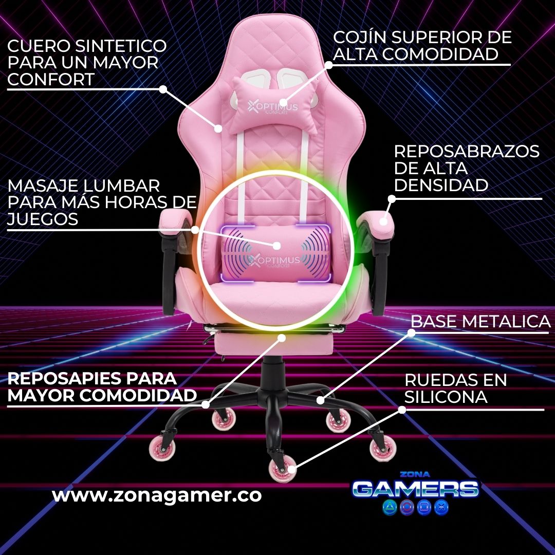 Silla Gamer ARMOR-1039F Pink + masajeador lumbar con reposapiés y ruedas en silicona