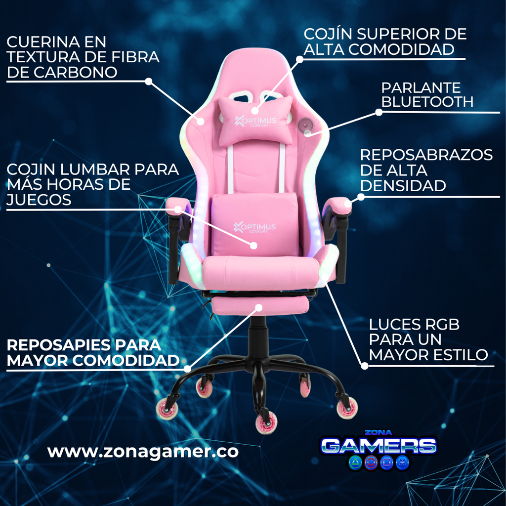 Silla gamer DX-1039F Pink con luces RGB + Parlantes + reposapiés y ruedas en silicona