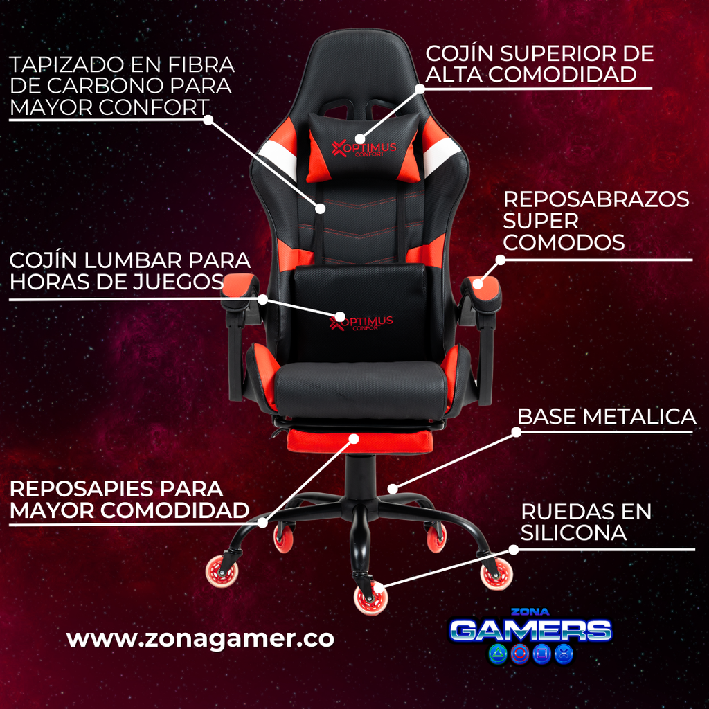 Silla Gamer E-1127F Red con reposapiés y ruedas en silicona