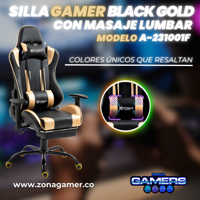 Silla Gamer A231001F Black Gold con masajeador lumbar y reposapies incluido