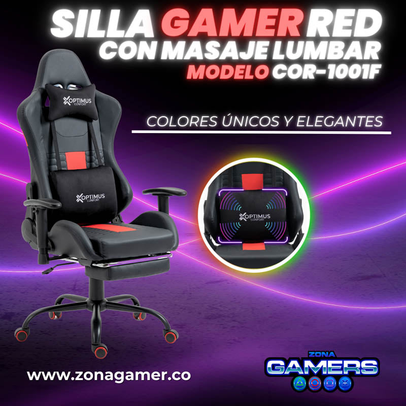 Silla Gamer COR-1001F Red con masajeador lumbar y reposapiés incluido