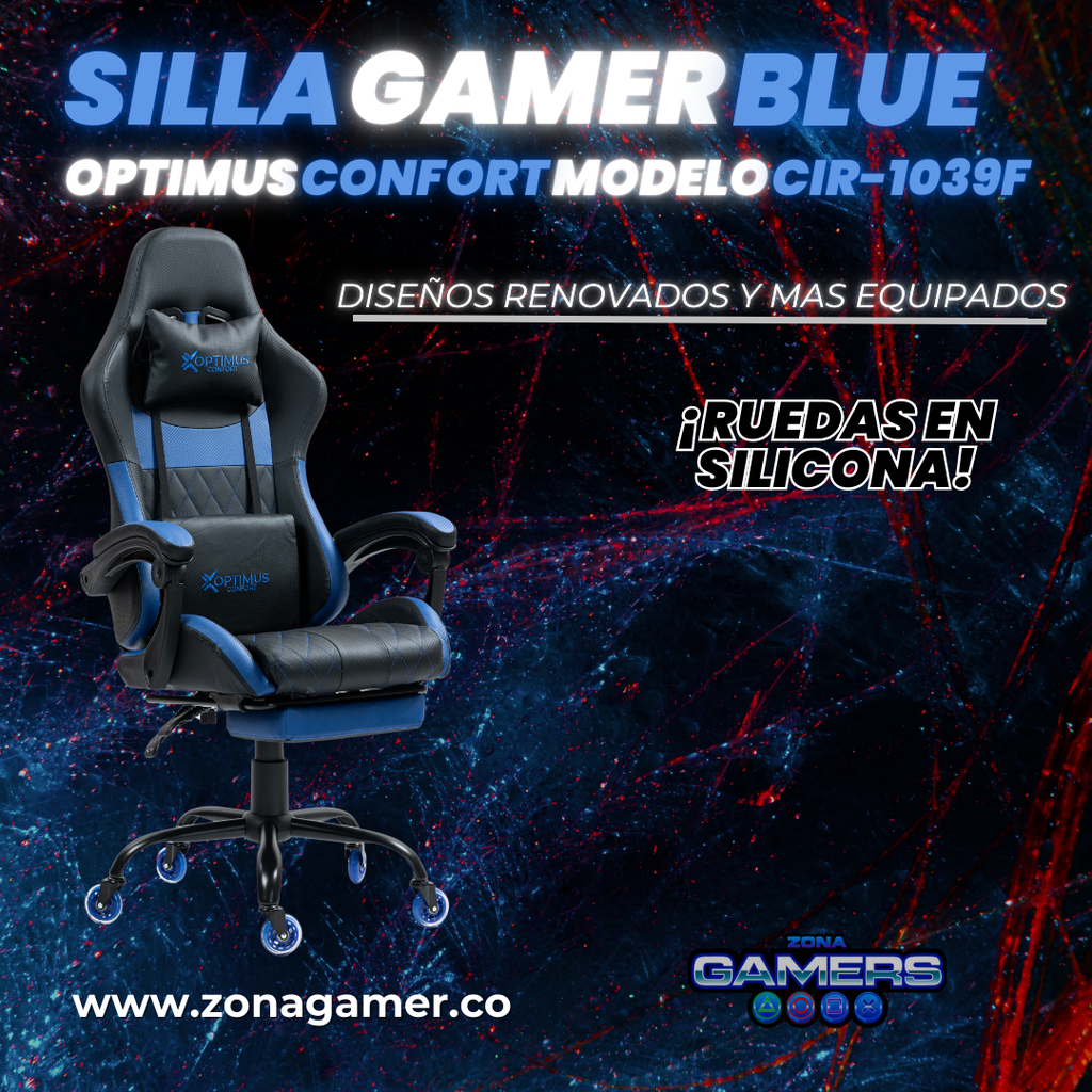 Silla Gamer CIR-1039F Blue con reposapiés y ruedas en silicona
