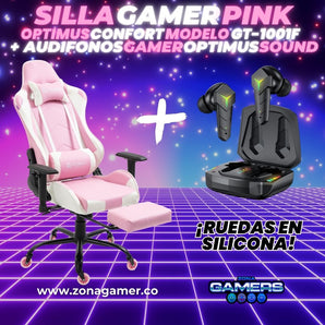 Combo Silla Gamer Pink + Audífonos Gamer con reposapiés incluido y ruedas en silicona