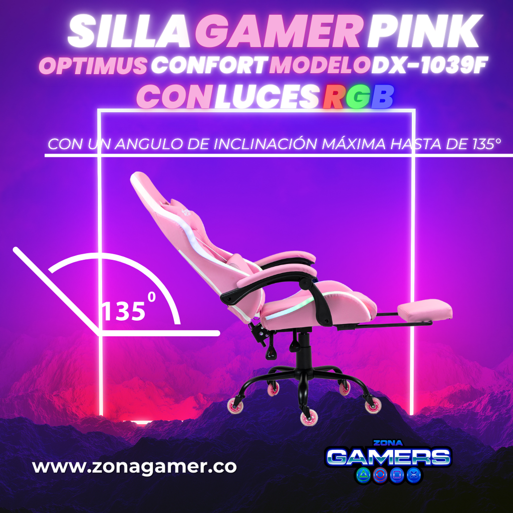 Silla gamer DX-1039F Pink con luces RGB + reposapiés y ruedas en silicona