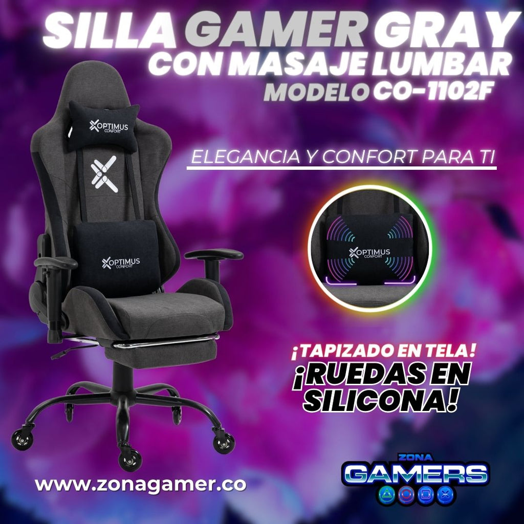 Silla Gamer Gray + masajeador lumbar, tapizada en tela con reposapiés y ruedas en silicona