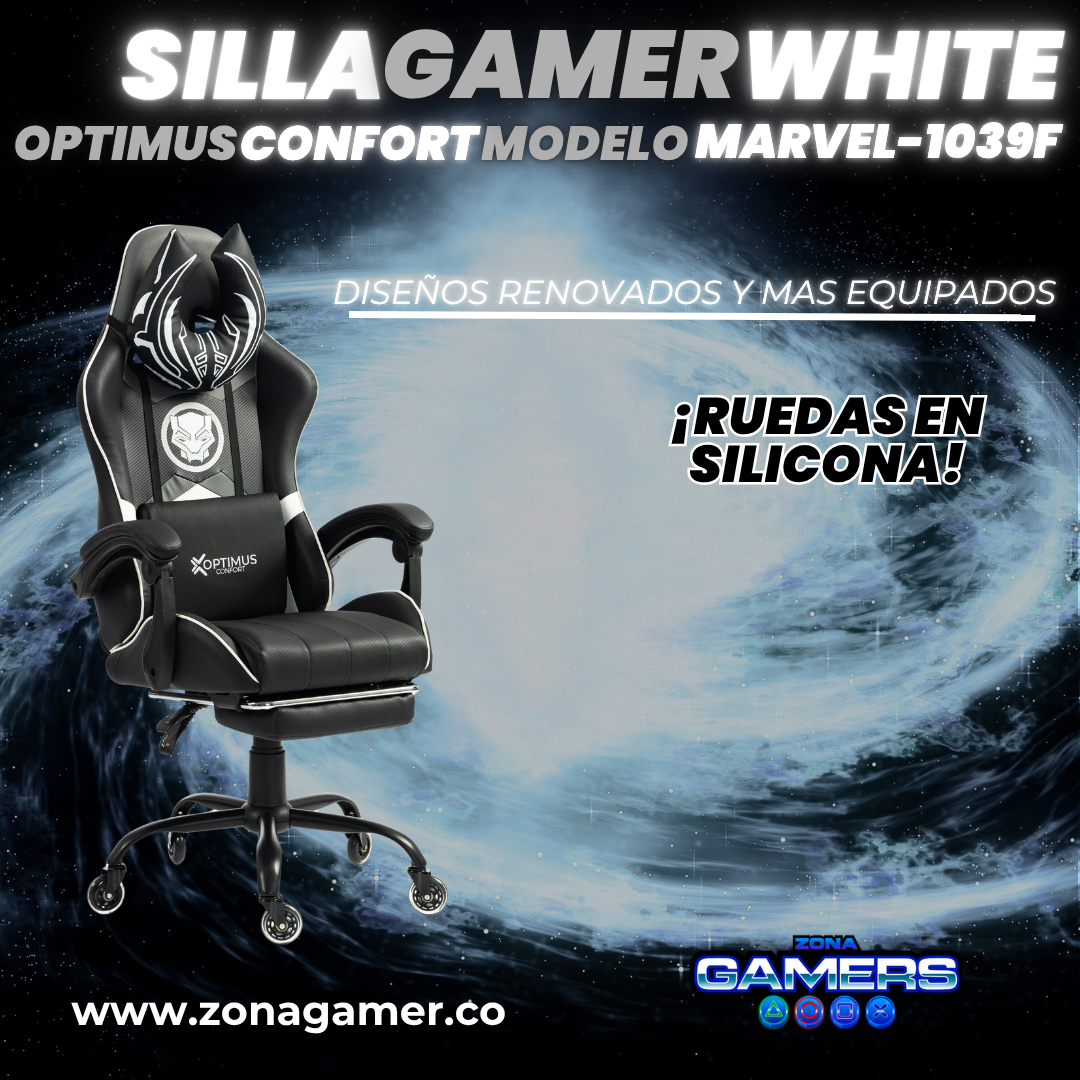 Silla Gamer Marvel-1039F Black con reposapiés y ruedas en silicona.